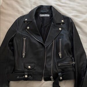 Acne Studios Black Leather Biker Jacket with Silver Hardware Size 36